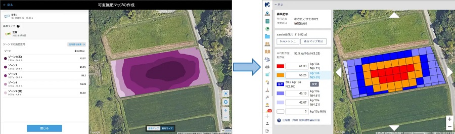 ザルビオで作成した可変施肥マップをKSASに取り込んだイメージ図