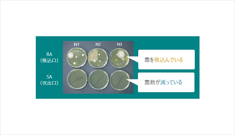 取り込んだ空気と吹き出した空気における浮遊菌数比較写真