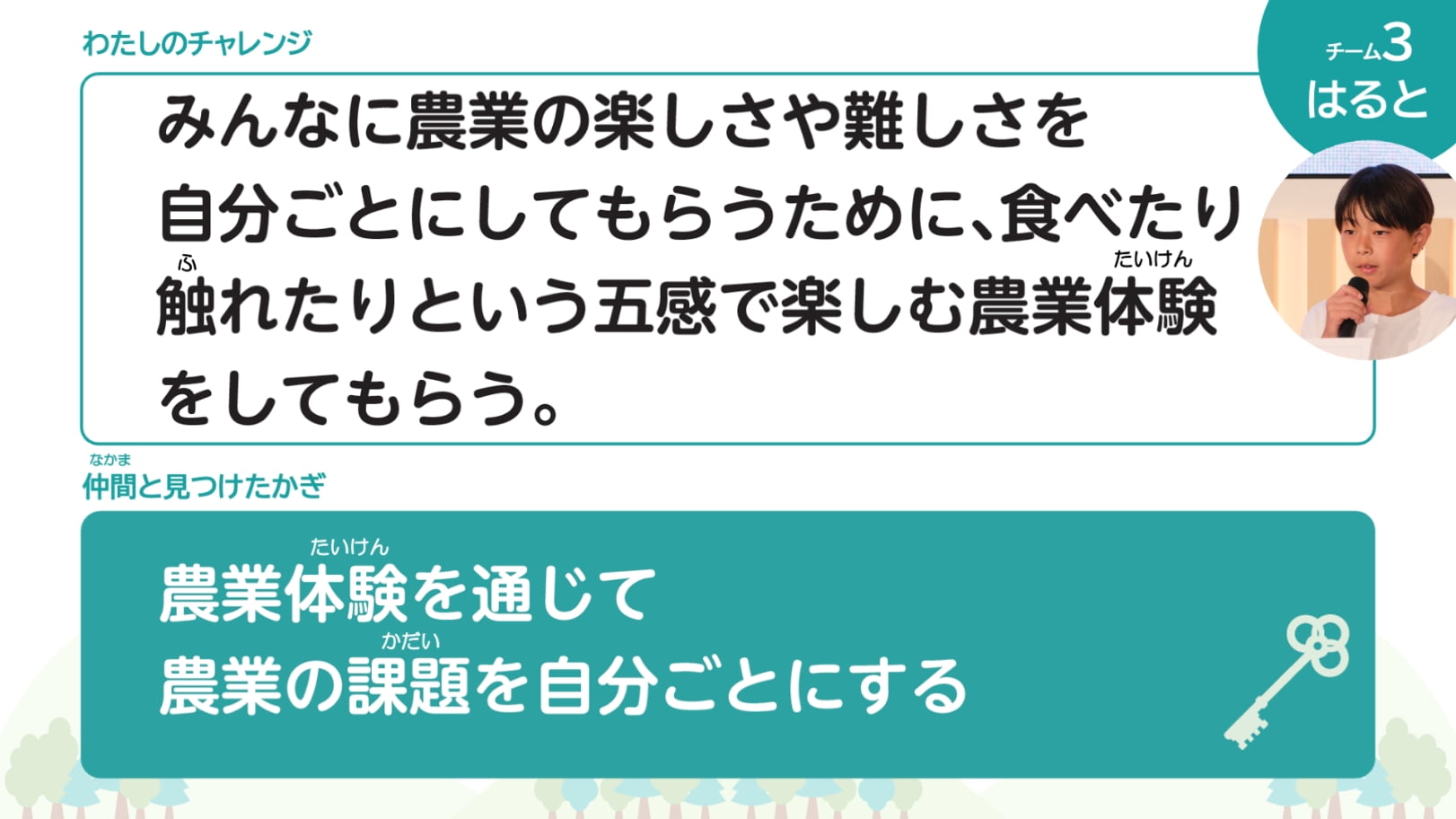 わたしのチャレンジ みんなに農業の楽しさや難しさを自分ごとにしてもらうために、食べたり触れたりという五感で楽しむ農業体験をしてもらう。 仲間と見つけたかぎ 農業体験を通じて農業の課題を自分ごとにする