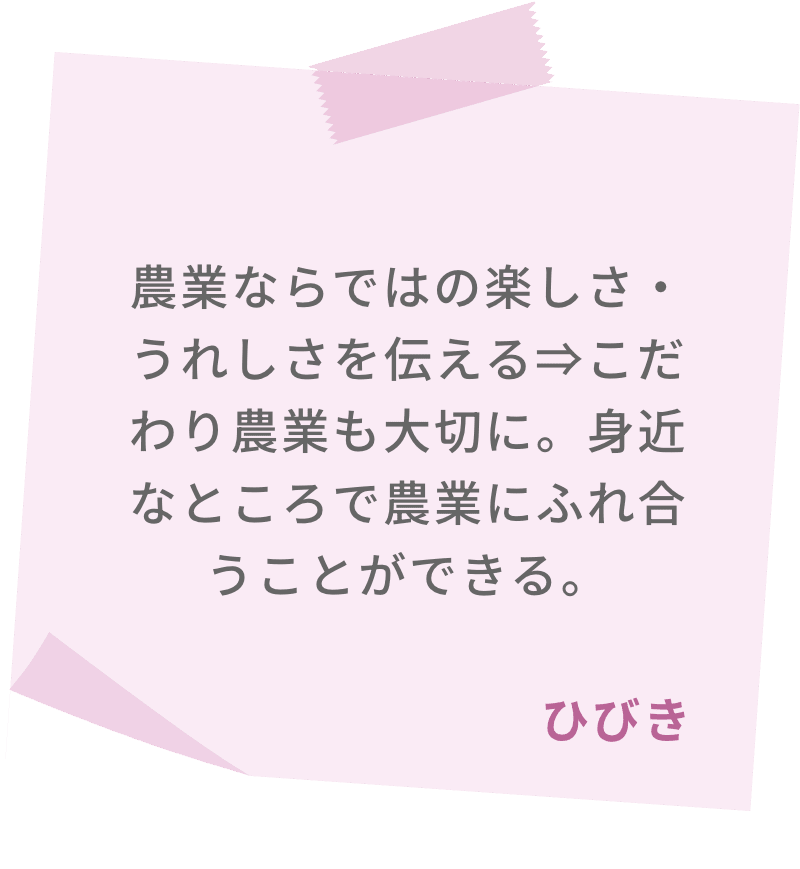 農業ならではの楽しさ・うれしさを伝える⇒こだわり農業も大切に。身近なところで農業にふれ合うことができる。　ひびき