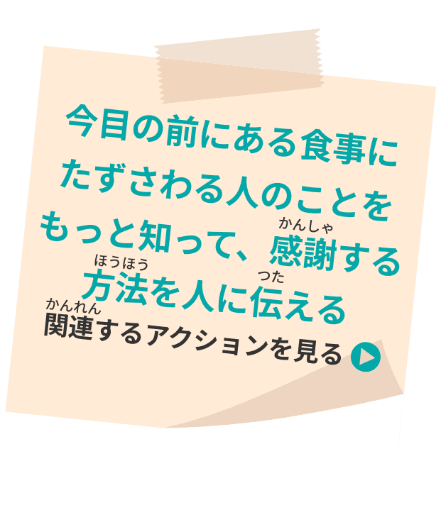 今目の前にある食事にたずさわる人のことをもっと知って、感謝する方法を人に伝える 関連するアクションを見る