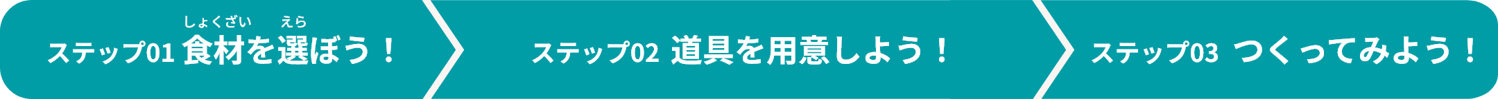 ステップ01 食材を選ぼう！ ステップ02 道具を用意しよう！ ステップ03 つくってみよう！