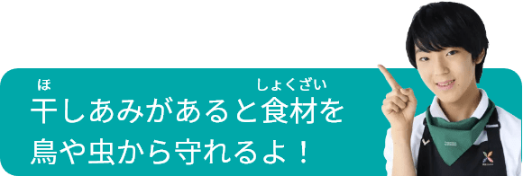 干しあみがあると食材を鳥や虫から守れるよ！