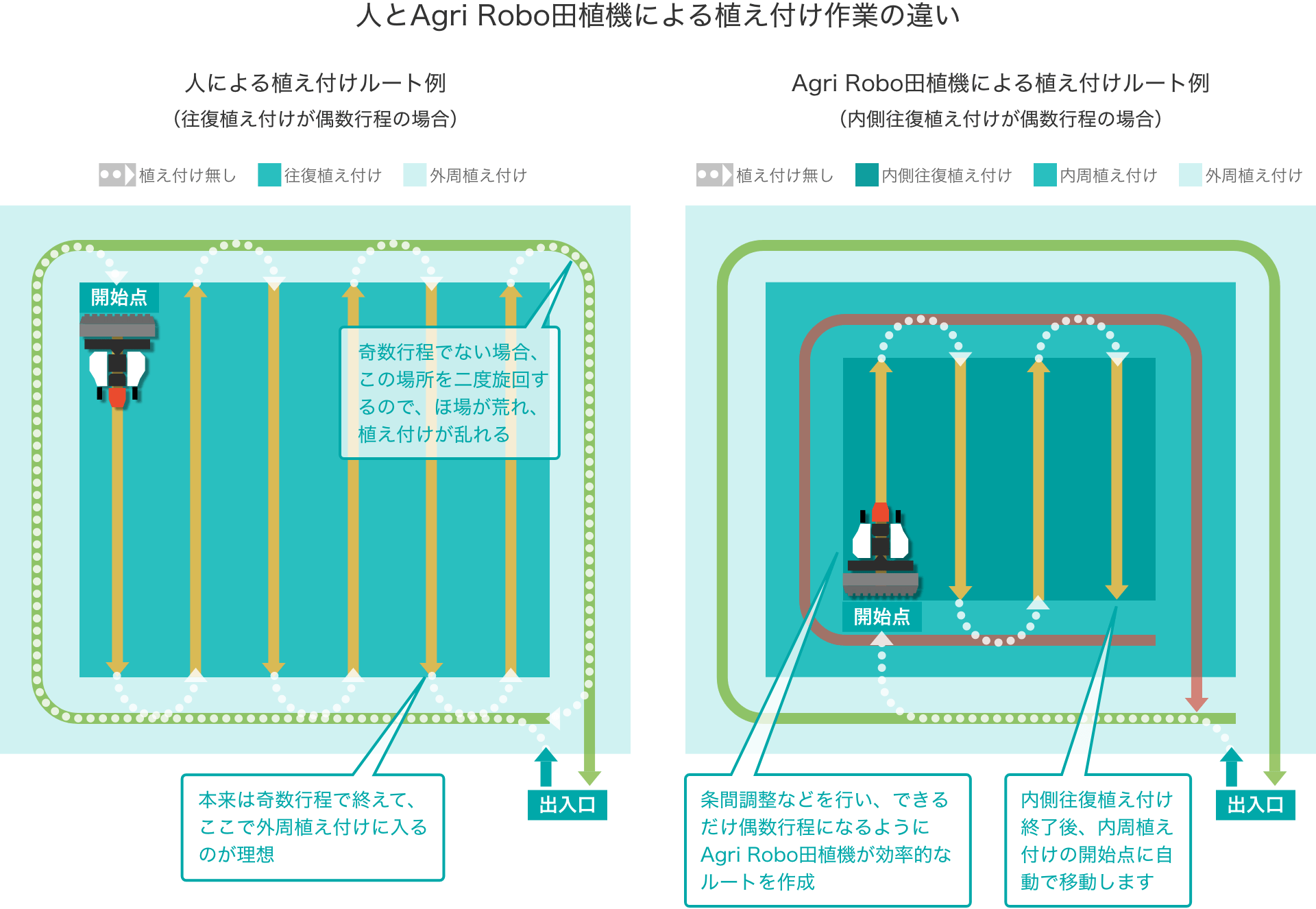 人とAgri Robo田植機による植え付け作業の違い