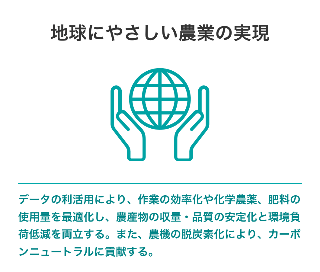 地球にやさしい農業の実現　データの利活用により、作業の効率化や化学農薬、肥料の使用量を最適化し、農産物の収量・品質の安定化と環境負荷低減を両立する。また、農機の脱炭素化により、カーボンニュートラルに貢献する。