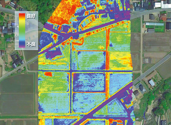 リモートセンシングによって可視化されたほ場の生育状況。