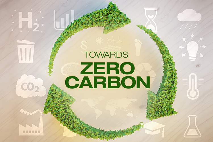 「TOWARDS ZERO CARBON」というキャッチコピーを中心に、CO2排出量ゼロをめざすクリーンなサイクルを表現したイメージビジュアル