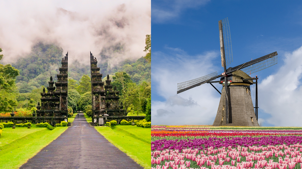 インドネシア、バリ島のヒンズー教の寺院（左）、オランダ、アムステルダムのチューリップと風車の風景（右）