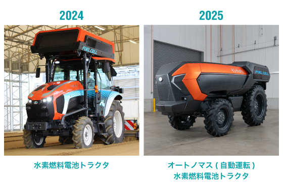 2024年水素燃料電池トラクタ(左)、2025年オートノマスFCトラクタ(右)