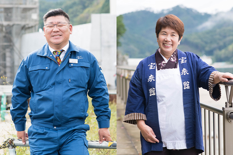 岩手県釜石市にお住まいで、震災復興支援活動をされているお二人の笑顔の写真。左が株式会社青紀土木の青木健一社長、右が釜石の老舗旅館、宝来館の女将さんである岩崎昭子さん。