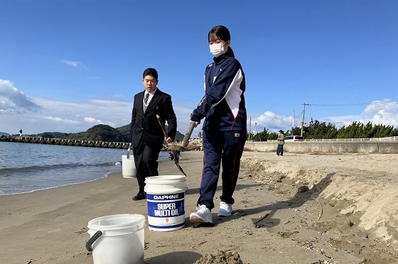 梅津寺海岸の砂浜で調査中の様子