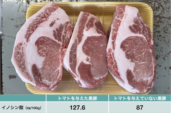 トマトを与えた豚と与えていない豚の肉を比較した写真と、旨味成分の違いを示した表