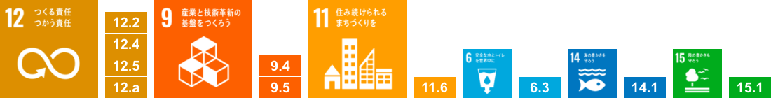 12.つくる責任 つかう責任,12.2,12.4,12.5,12.a,9.産業と技術革新の基盤をつくろう,9.4,9.5,11.住み続けられるまちづくりを,11.6,6.安全な水とトイレを世界中に,6.3,14.海の豊かさを守ろう,14.1,15.陸の豊かさも守ろう,15.1