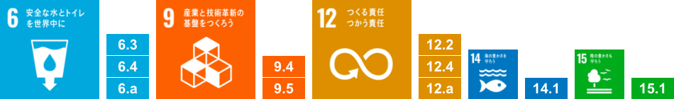 6.安全な水とトイレを世界中に,6.3,6.4,9.産業と技術革新の基盤をつくろう,9.4,9.5,12.つくる責任 つかう責任,12.2,12.4,12.a,14.海の豊かさを守ろう,14.1,15.陸の豊かさも守ろう,15.1